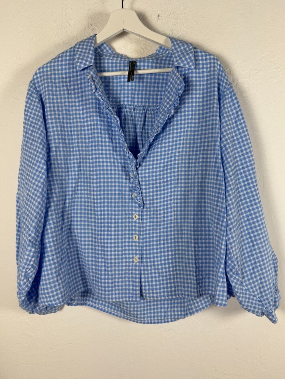 Anthropologie Womens Remy Ruffle Collar Gingham Buttondown Shirt Blue White XS